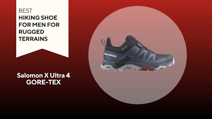 black solomon x ultra 4 Gore-Tex hiking shoe on red background